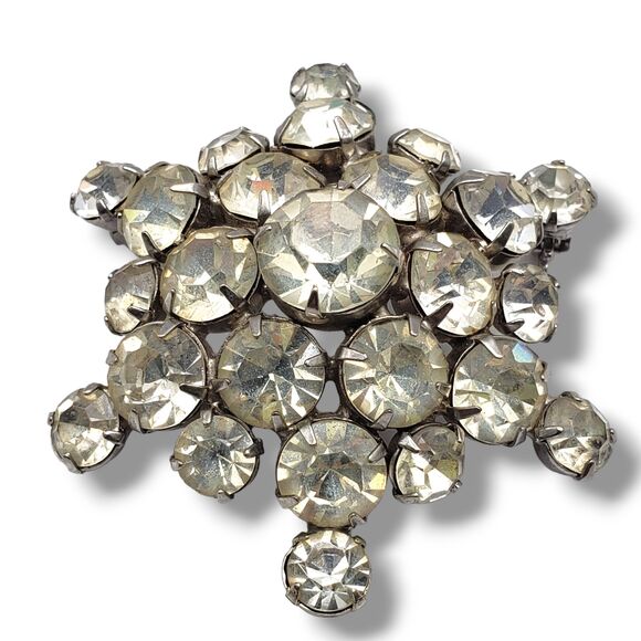 Prong Set Rhinestone Cluster Dome Silver Tone Brooch Pin Vtg Mid Century Glam - Picture 2 of 10